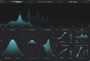 A dark software interface screenshot for a audio plugin or subwoofer control panel, showing multiple waveform and filter graphs with labels such as sub layer, boot boost, resonance, saturation, compression, dry, and out. The design uses a black background with glowing cyan/teal graph areas and small white text.