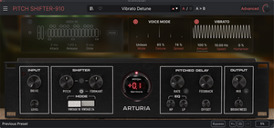 ARTURIA Pitch Shifter-910 audio software interface screenshot, showing controls for vibrato detune, voice mode, vibrato, input, shifter, pitched delay, and output on a dark gray panel.