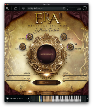 ERA II Medieval Legends software interface with ornate gold frame, dark central dial, and virtual keyboard controls.