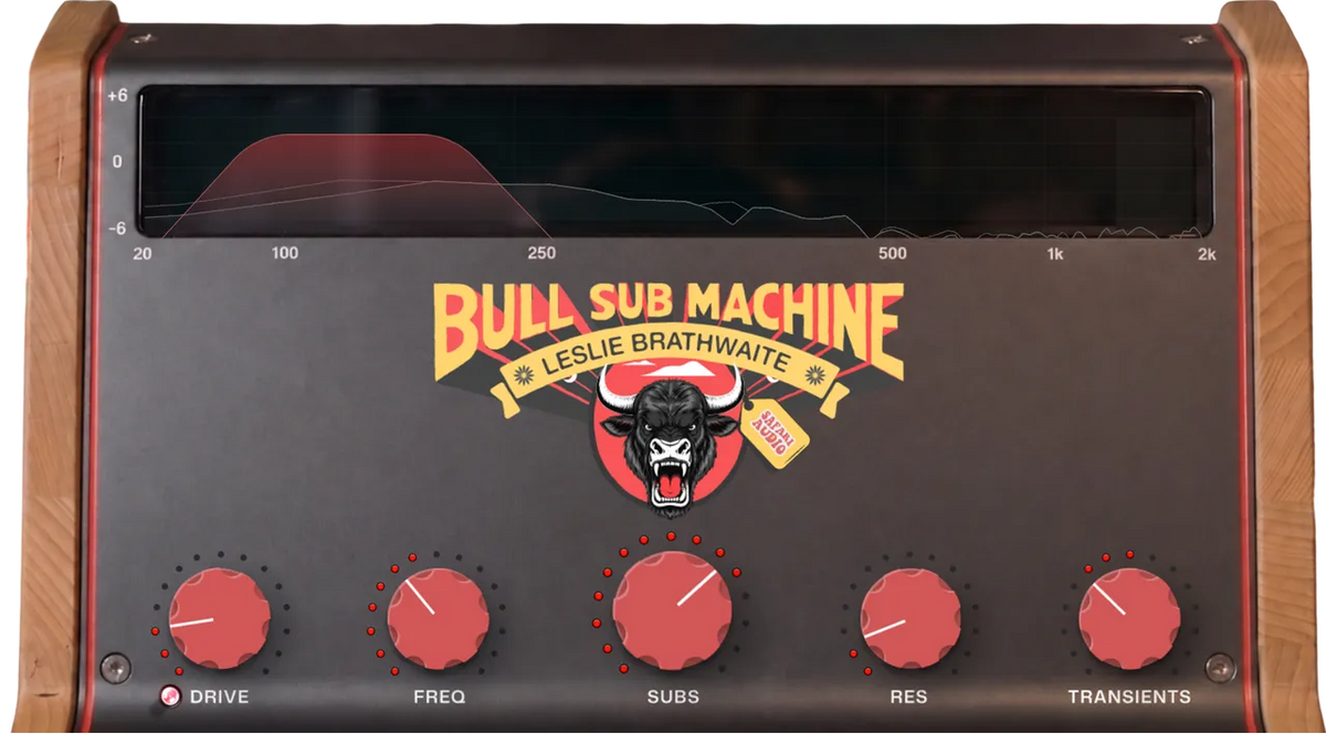 Bull Sub Machine Leslie Brathwaite guitar effects pedal with a black faceplate, red knobs, wood-grain side panels, and a frequency response display at the top.
