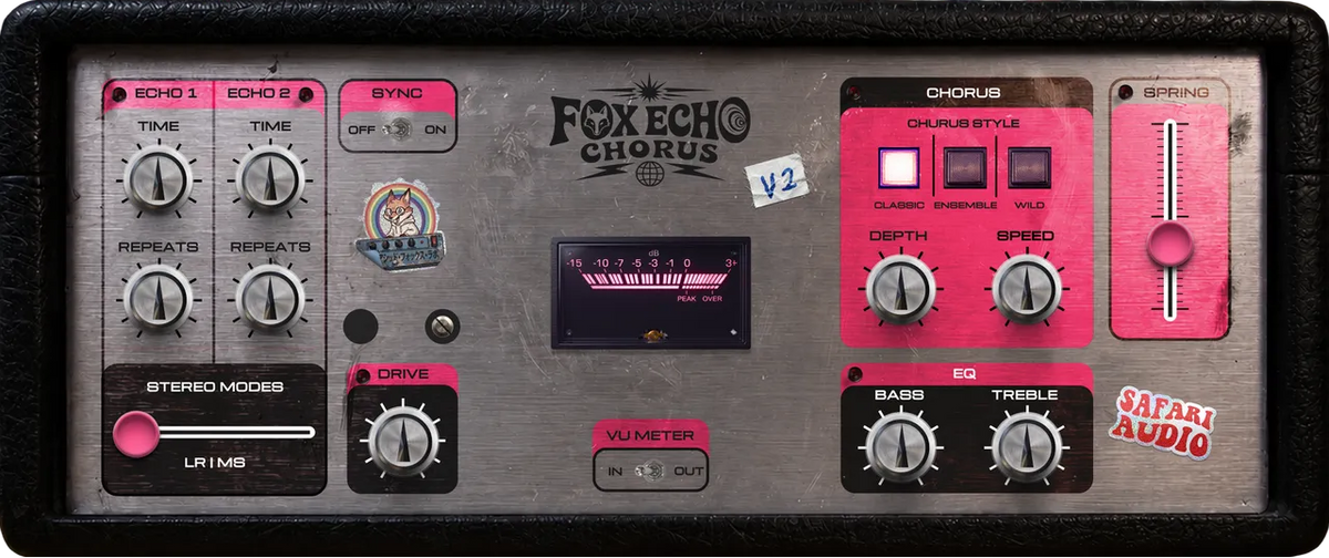 A close-up of a guitar effects pedal or amplifier control panel labeled 'FOX ECHO CHORUS' with pink and silver controls on a dark gray metal faceplate. Visible branding includes 'FOX ECHO' and 'SAFARI AUDIO'.