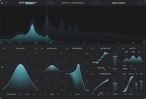 A dark software interface screenshot for a audio plugin or subwoofer control panel, showing multiple waveform and filter graphs with labels such as sub layer, boot boost, resonance, saturation, compression, dry, and out. The design uses a black background with glowing cyan/teal graph areas and small white text.