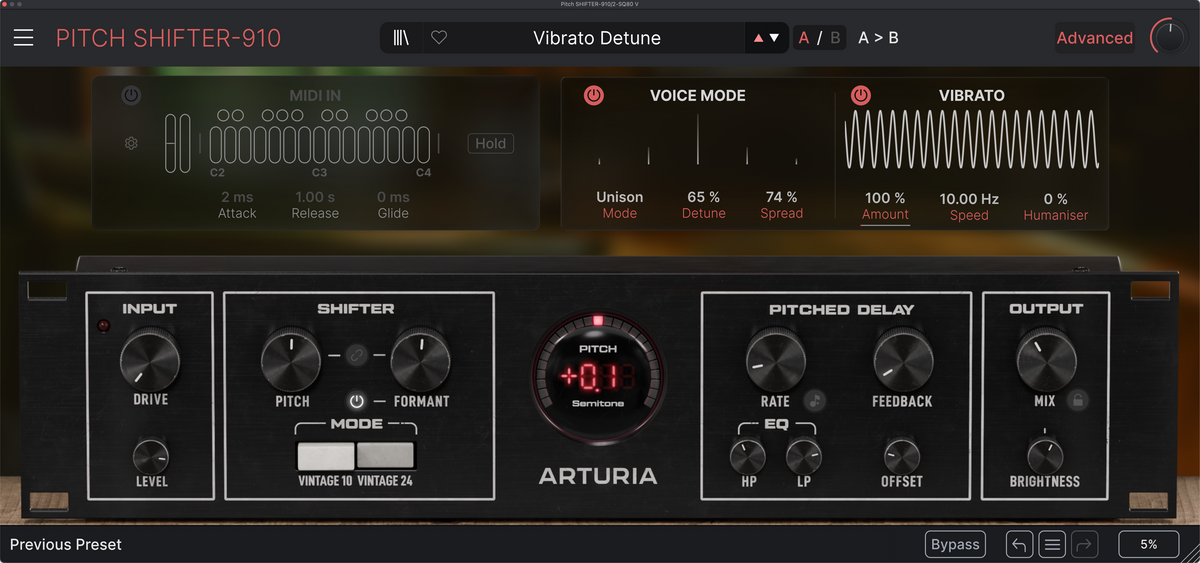 ARTURIA Pitch Shifter-910 audio software interface screenshot, showing controls for vibrato detune, voice mode, vibrato, input, shifter, pitched delay, and output on a dark gray panel.