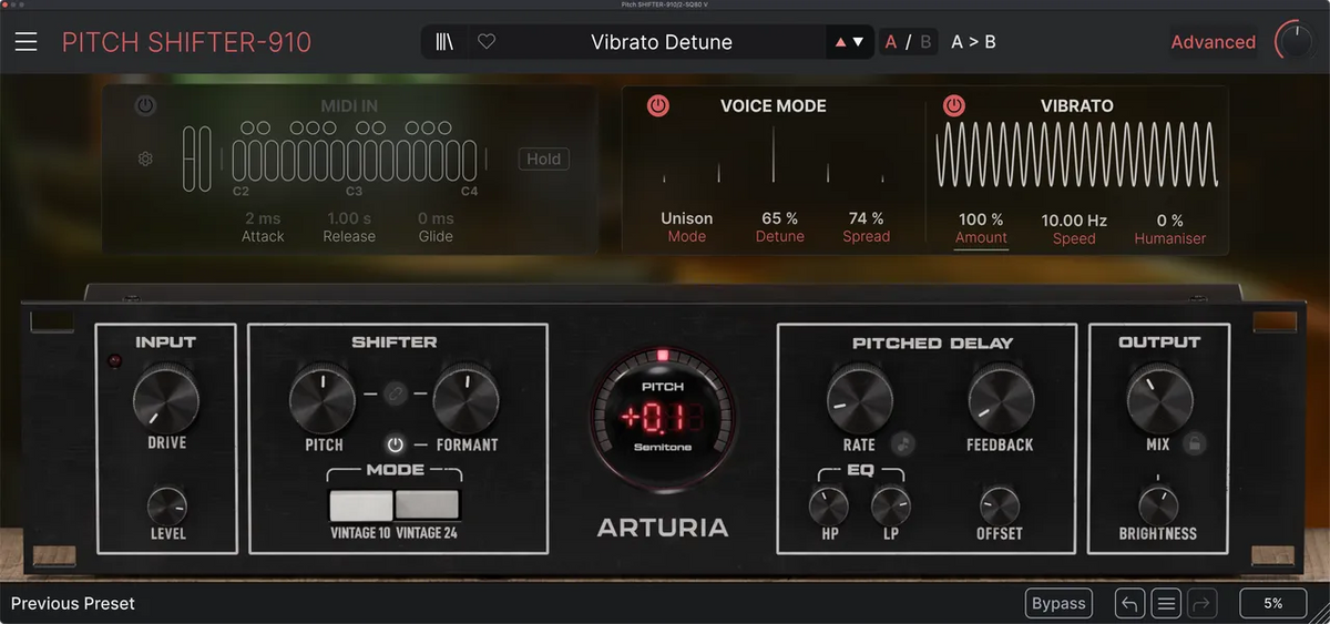 ARTURIA Pitch Shifter-910 audio software interface screenshot, showing controls for vibrato detune, voice mode, vibrato, input, shifter, pitched delay, and output on a dark gray panel.