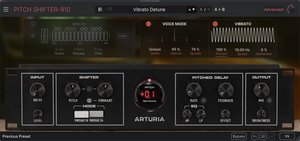 ARTURIA Pitch Shifter-910 audio software interface screenshot, showing controls for vibrato detune, voice mode, vibrato, input, shifter, pitched delay, and output on a dark gray panel.