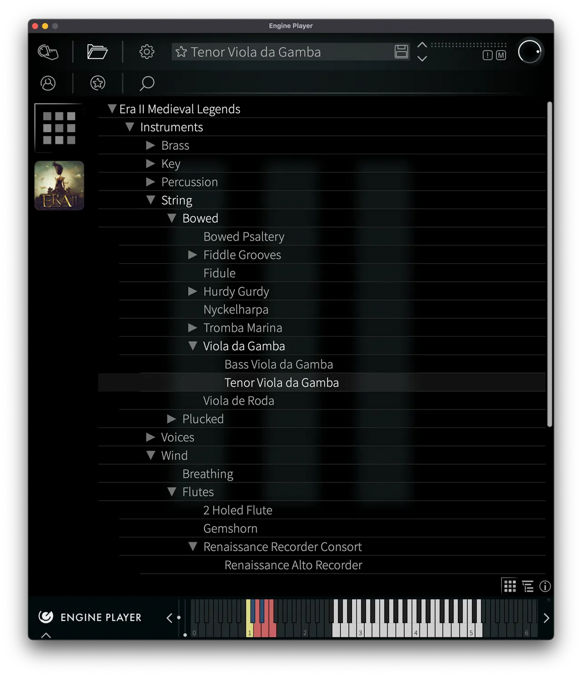 Engine Player software interface showing the ERA II Medieval Legends instrument library file directory.