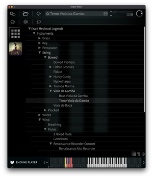 Engine Player software interface showing the ERA II Medieval Legends instrument library file directory.