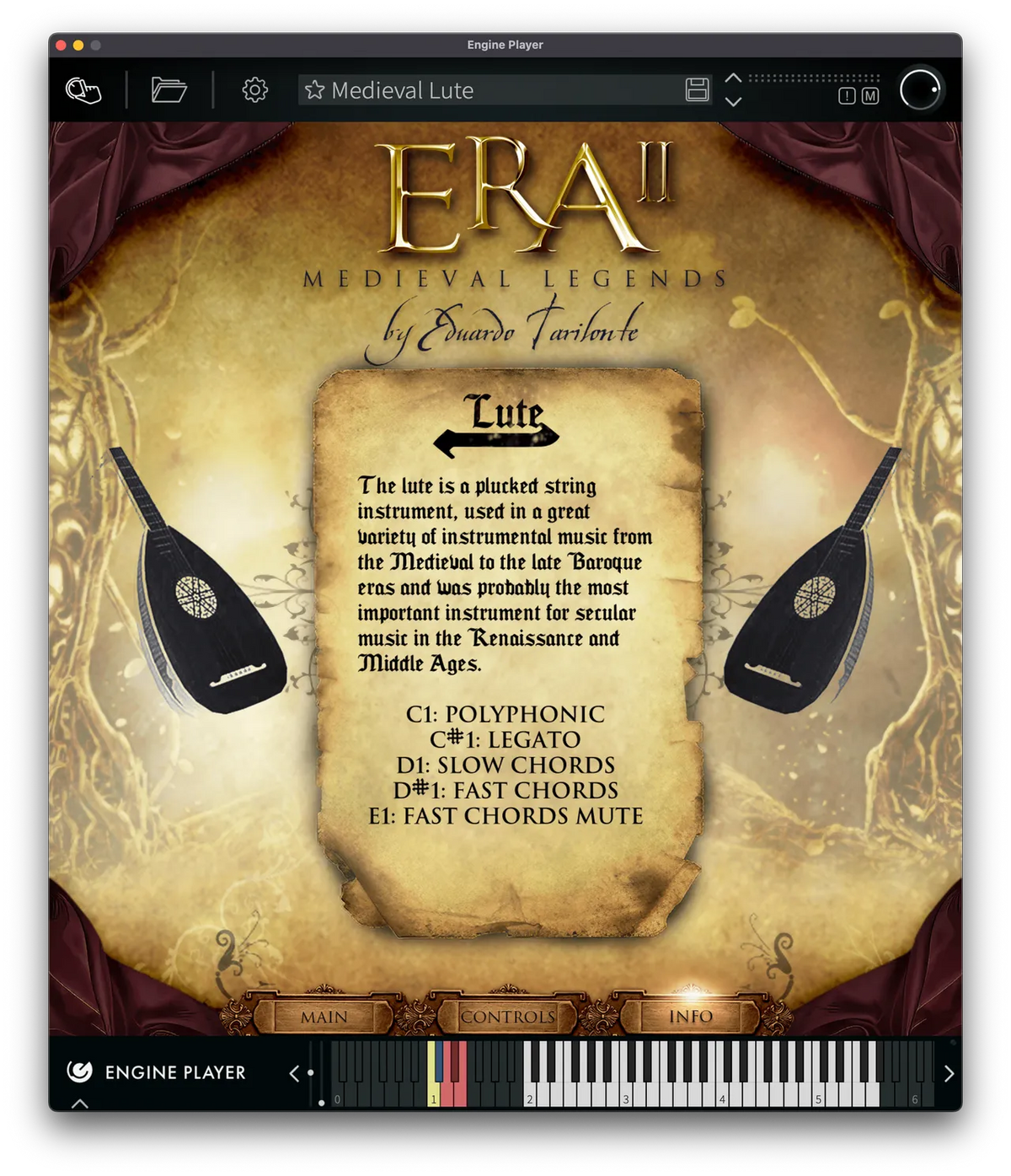 ERA II Medieval Legends software interface featuring a parchment info card for a lute with dark wood instruments on gold.