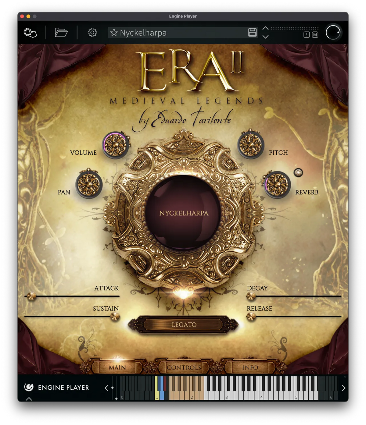 ERA II Medieval Legends software interface with ornate gold frame, dark central dial, and virtual keyboard controls.