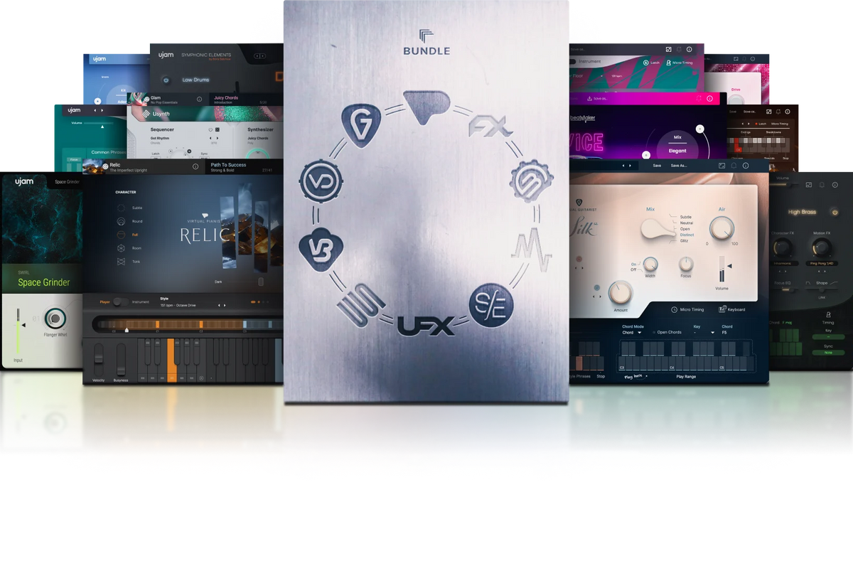 A promotional graphic for a software bundle showing a central brushed-metal panel labeled 'BUNDLE UFX' surrounded by layered screenshots of audio plugin interfaces in dark and colorful tones on a white background.